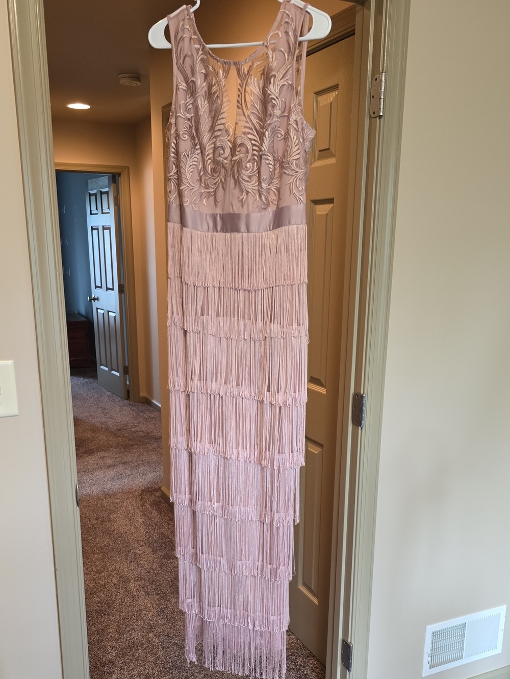VENUS Blush Fringe Maxi Dress with Embroidered Bodice